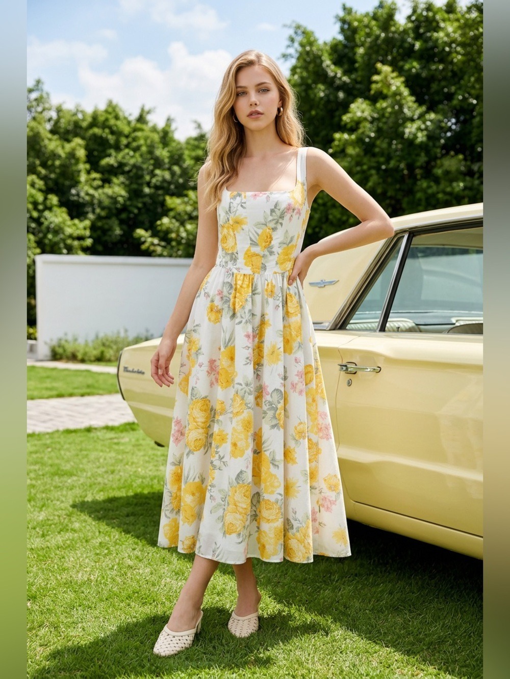 Wayf White Floral Corset Midi Dress with Yellow Roses size S - Picture 2 of 13